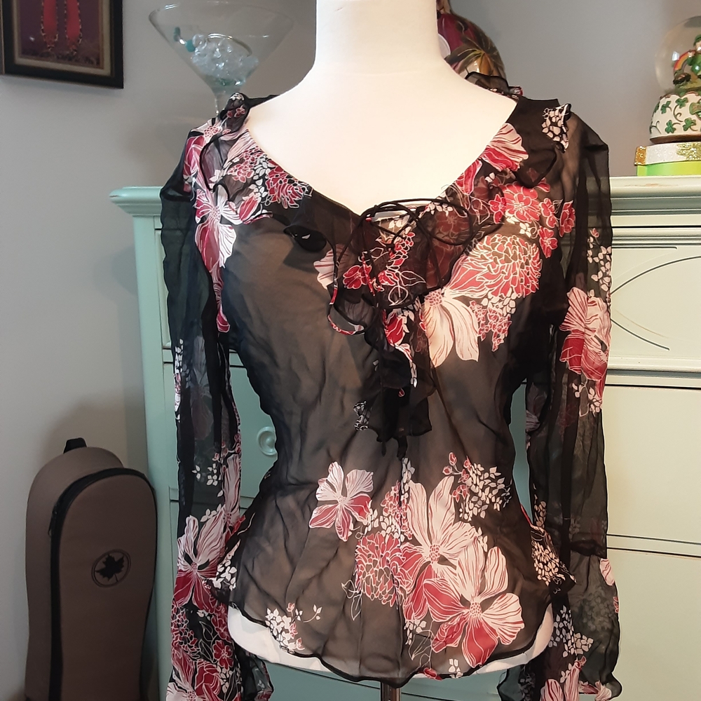 Ice Black and Red Floral Sheer Blouse